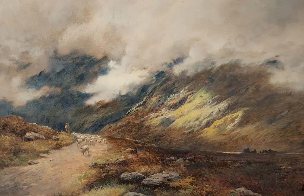 T R Attwood - Shepherd Herding Flock in Highlands Image 1++