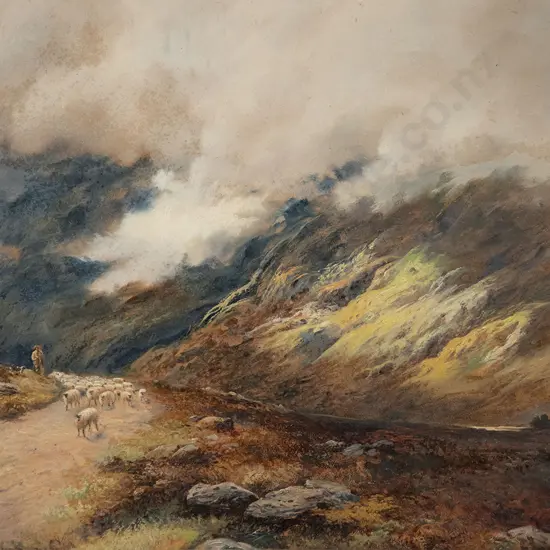 T R Attwood - Shepherd Herding Flock in Highlands