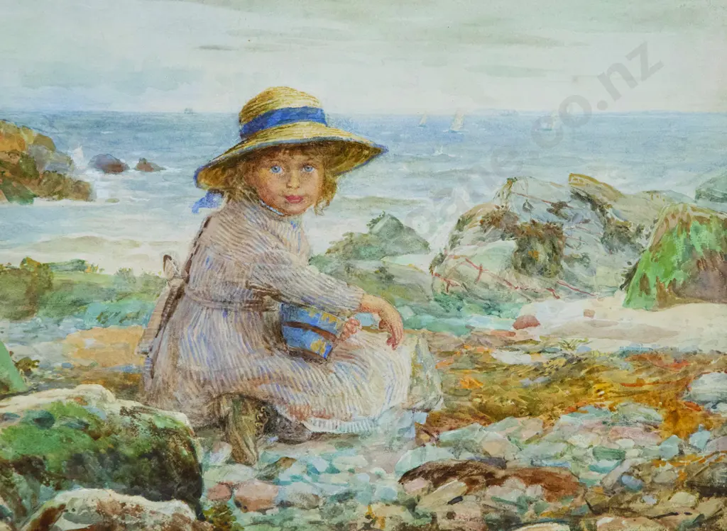 British School - Young Girl in Straw Hat on Seashore Image 1++