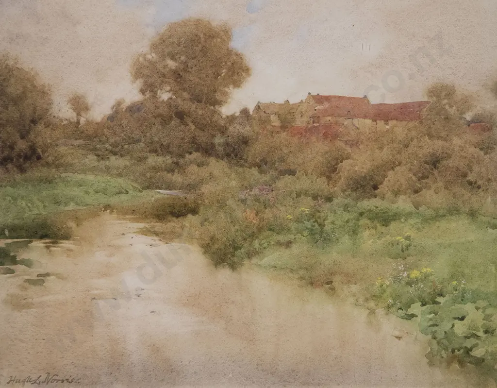 Hugh L Norris - A Stream with Buildings Beyond Image 1++