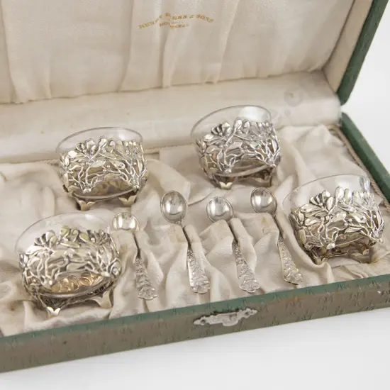Ornate Cased Eight Piece Silver Gilt Cruet Set By Henry Birks & Sons Montreal
