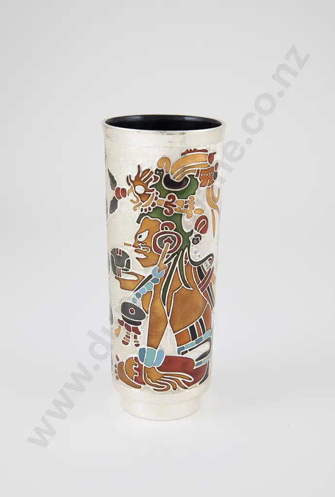 Miguel Pineda (Mexico) Silver Plate & Enamel Mayan Aztec Vase Image 1++