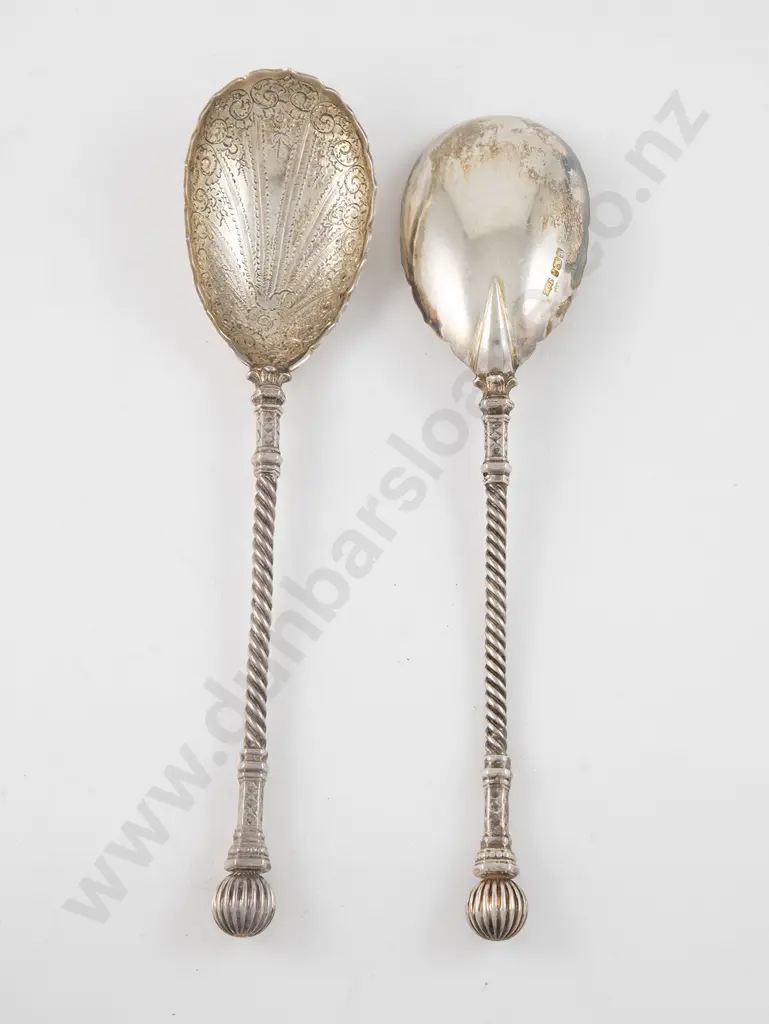 Pair Edw VII Fancy S/S Gilt Serving Spoons Image 1++