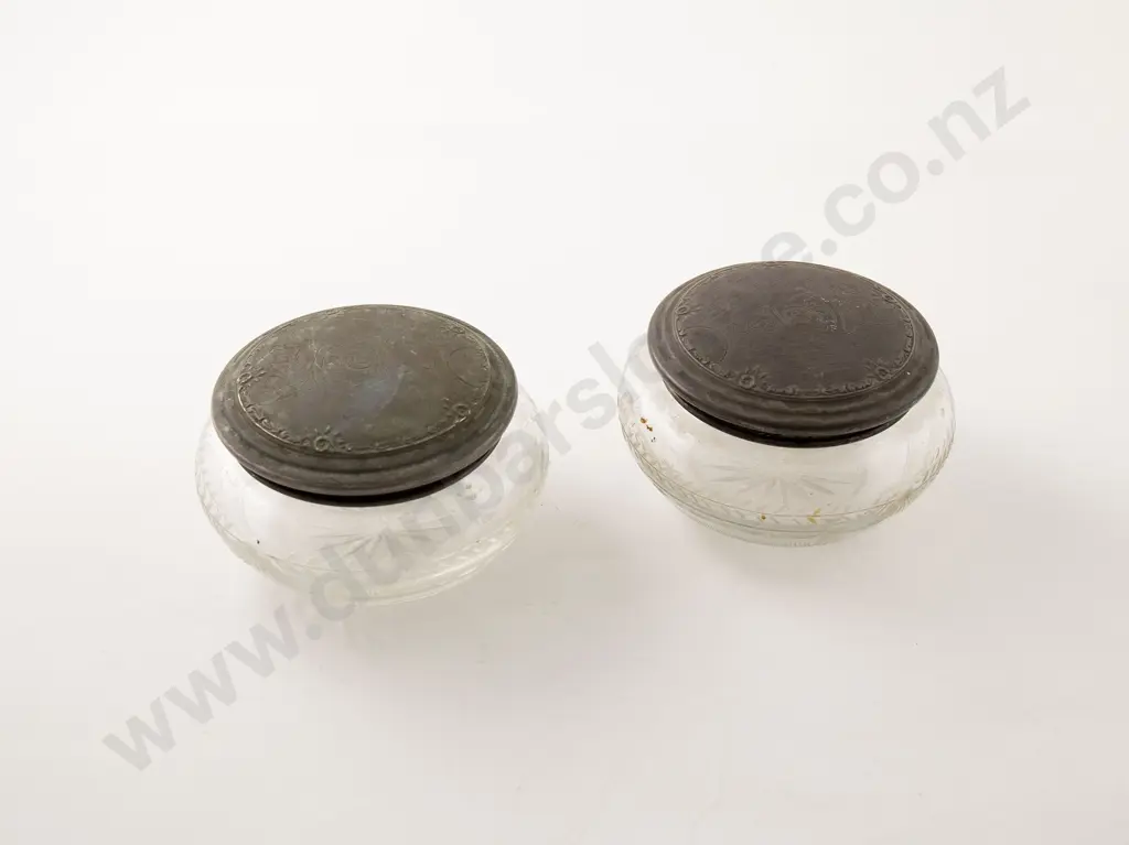 Pair S/S Lidded Glass Powder Bowls Image 1++