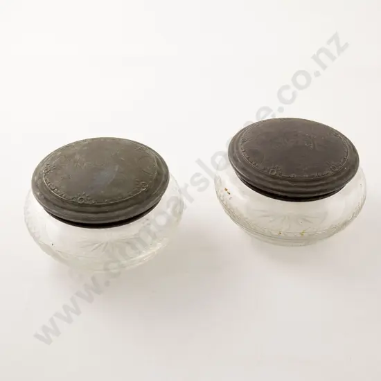 Pair S/S Lidded Glass Powder Bowls