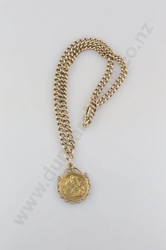 1887 Gold Sovereign Pendant mount on chain Image 1++