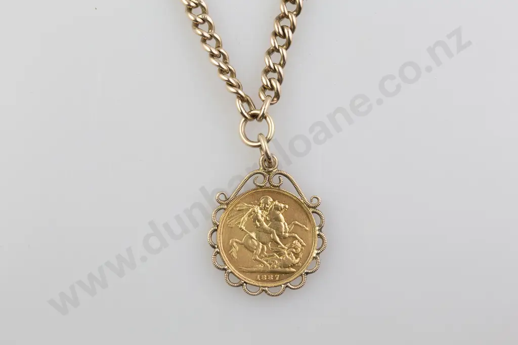 1887 Gold Sovereign Pendant mount on chain Image 1++