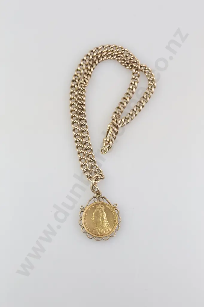 1887 Gold Sovereign Pendant mount on chain Image 1++