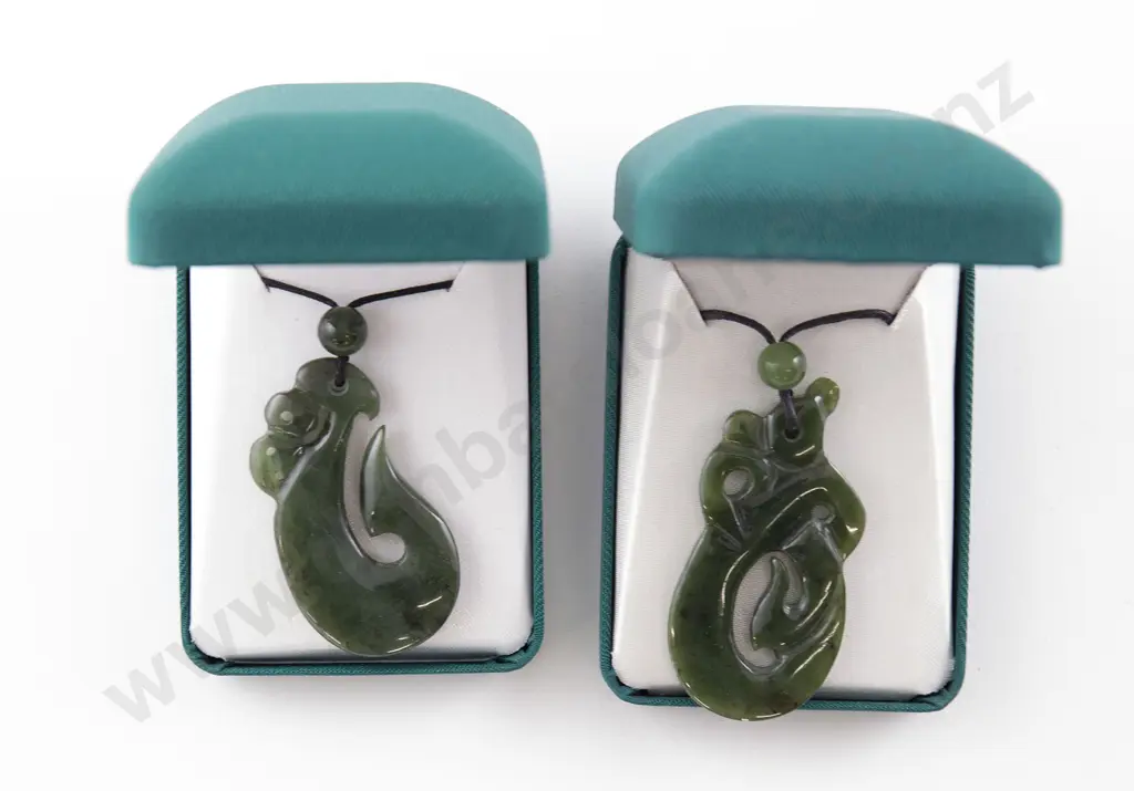 Two Greenstone Fish Hook Pendants Image 1++