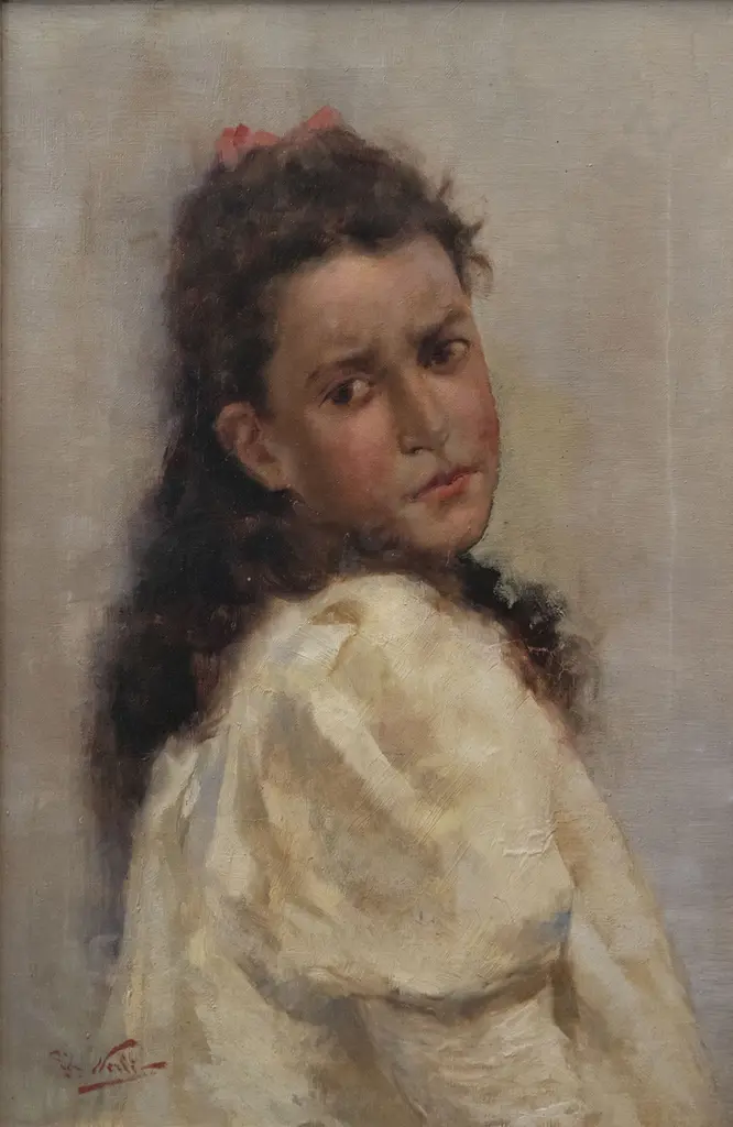 Girolamo Pieri Ballati Nerli - Portrait of Girl with Pink Bow Image 1++