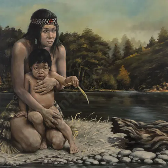 Steiner - Maori Mother & Child on River Bank