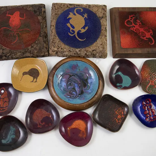 Collection NZ Made Enamel on Copper Dishes & Coasters (14)