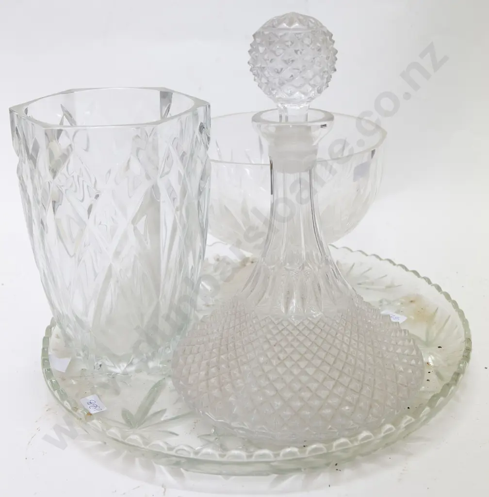 Two Crystal Vases and Glass Ships Decanter on Glass Tray Image 1++