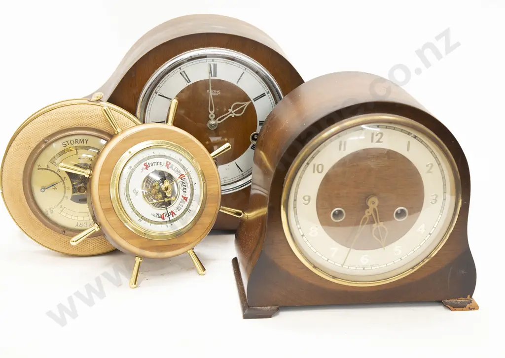 Two Oak Cased Mantel Clocks and Two Barometers Image 1++