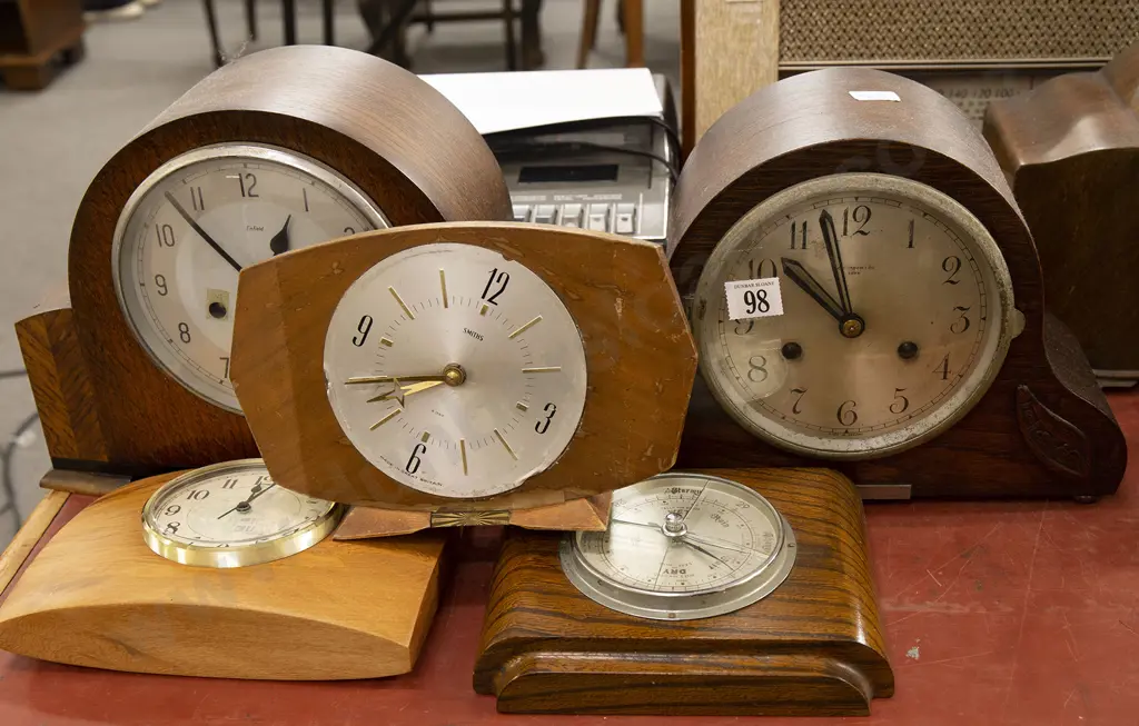 Two Oak Cased Mantel Clocks and Three Smaller Image 1++