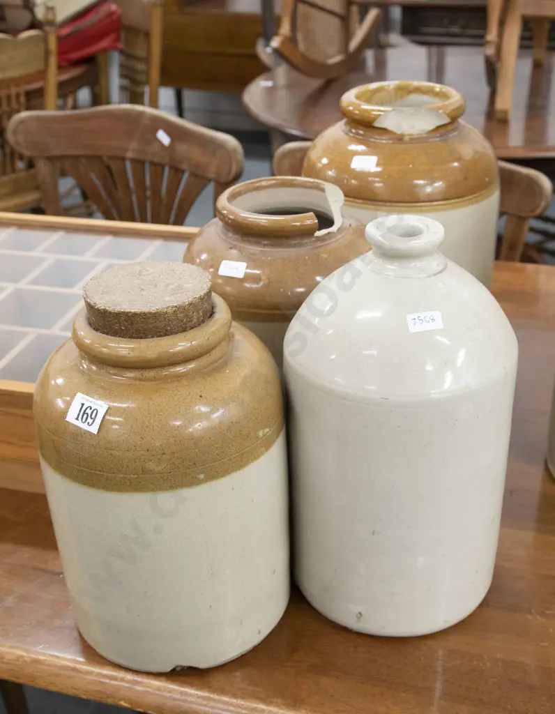 Three Stoneware Crocks and Keg (faults) Image 1++