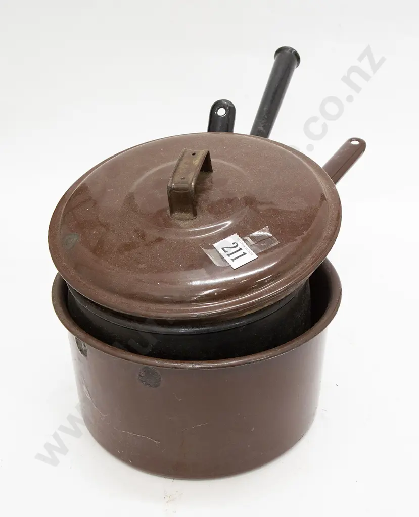 Three Colonial Enamel Cooking Pots Image 1++