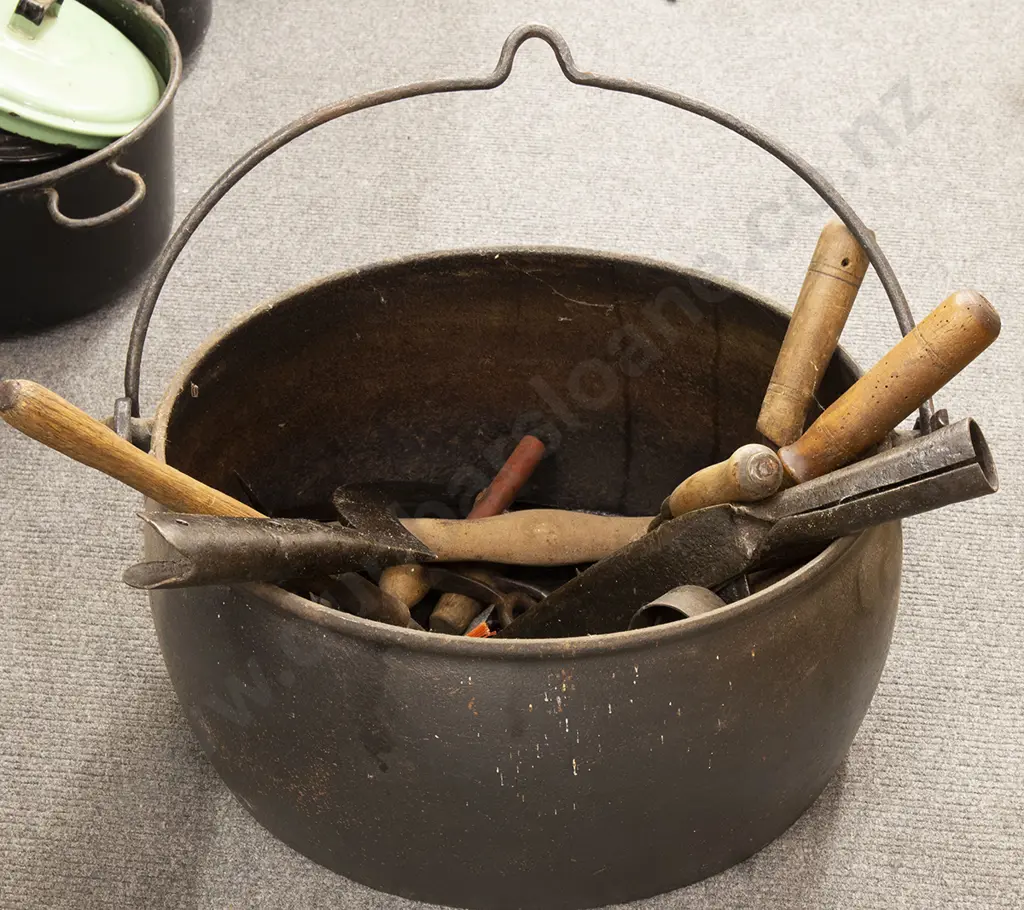 Large Colonial Cast Iron Coal Range Pot and Various Farm Implements Image 1++
