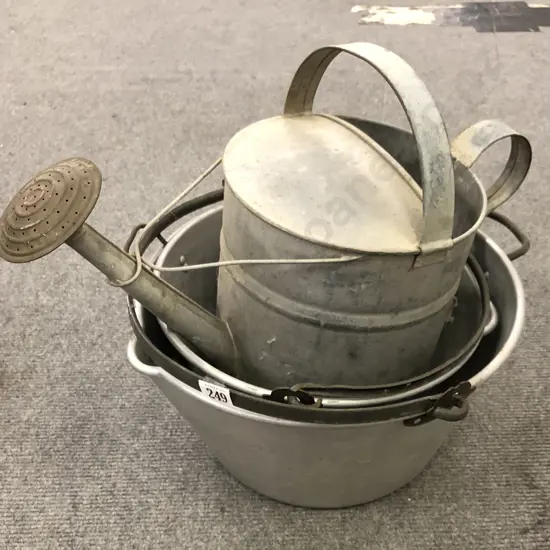 Two Aluminium Pans and Watering Can