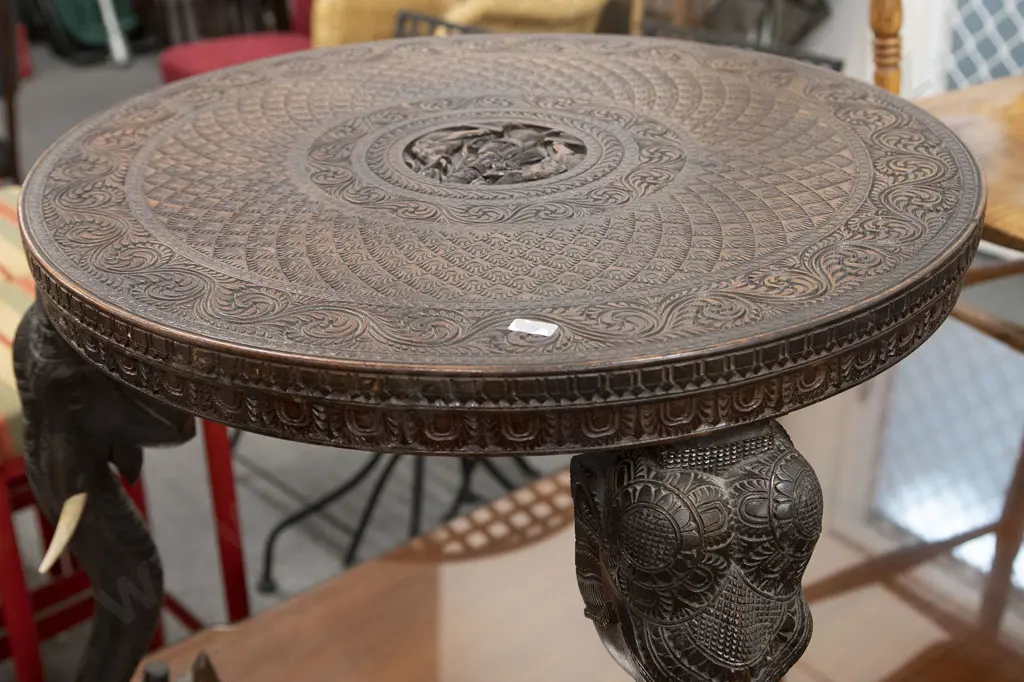 Carved Indian Table With Elephant Form Legs Image 1++