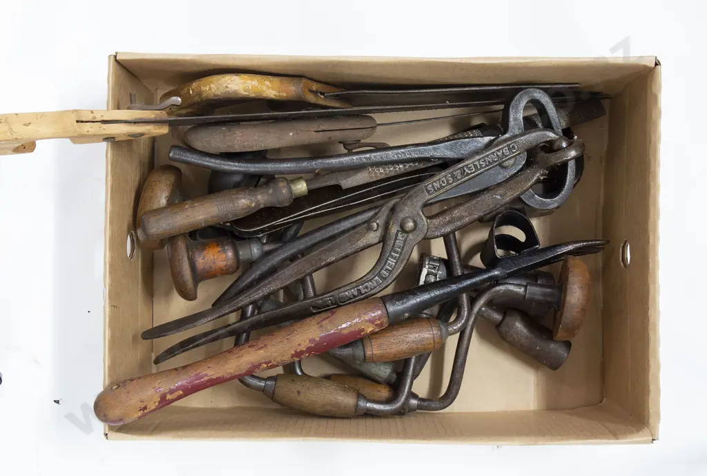 Assorted Metal Tools with Hand Braces and Saws Image 1++