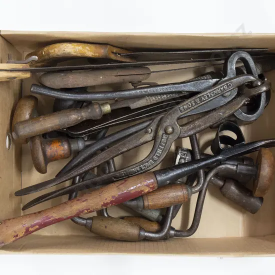 Assorted Metal Tools with Hand Braces and Saws
