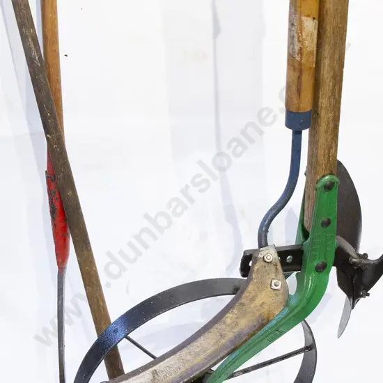 Single Wheel Hand Plough and three gardening tools