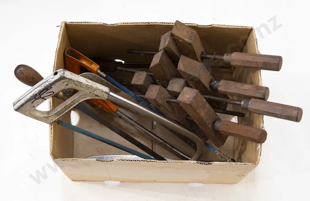 Set of Four Wooden Clamps and Three Hacksaws Image 1++