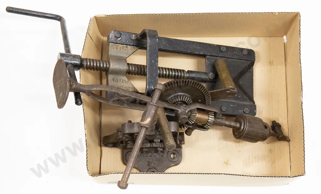 Two Vintage Pipe Vises and Large Brace Drill Image 1++