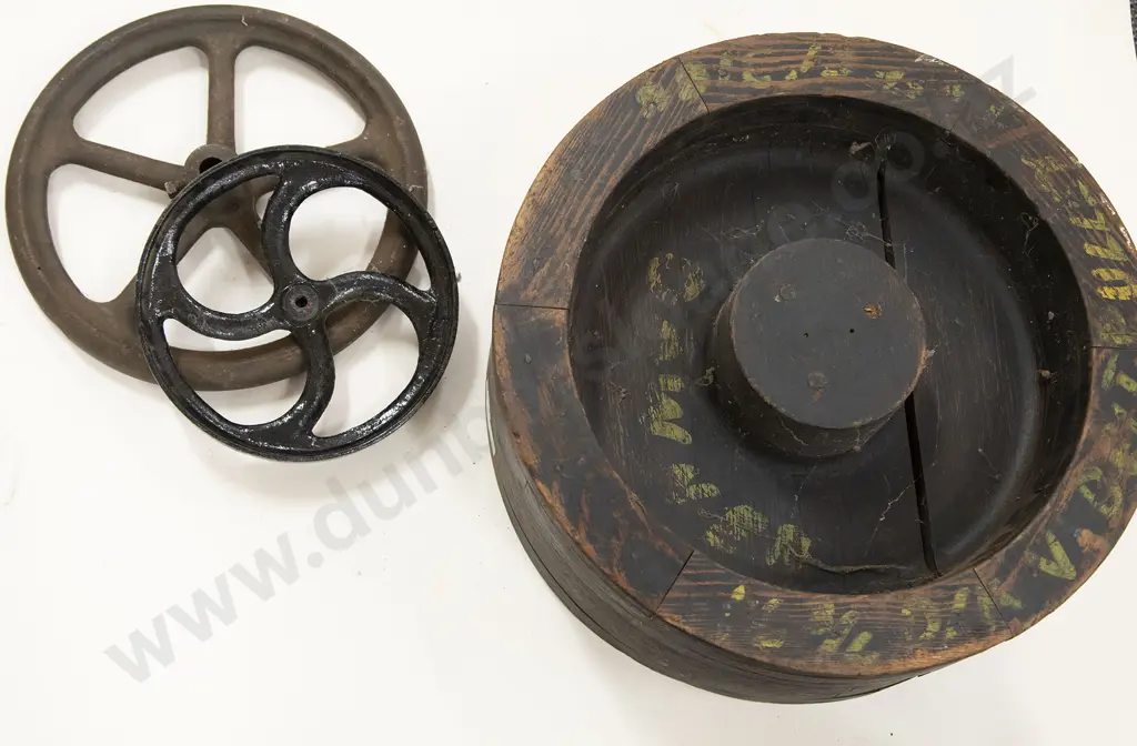 Large Wooden Circular Foundry Mould and Two Iron Wheels Image 1++