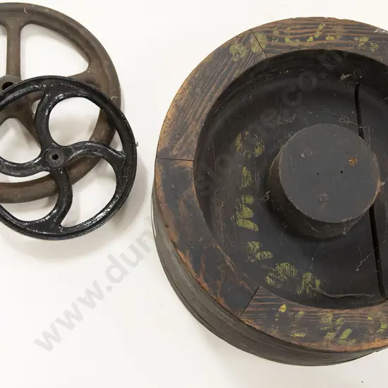 Large Wooden Circular Foundry Mould and Two Iron Wheels