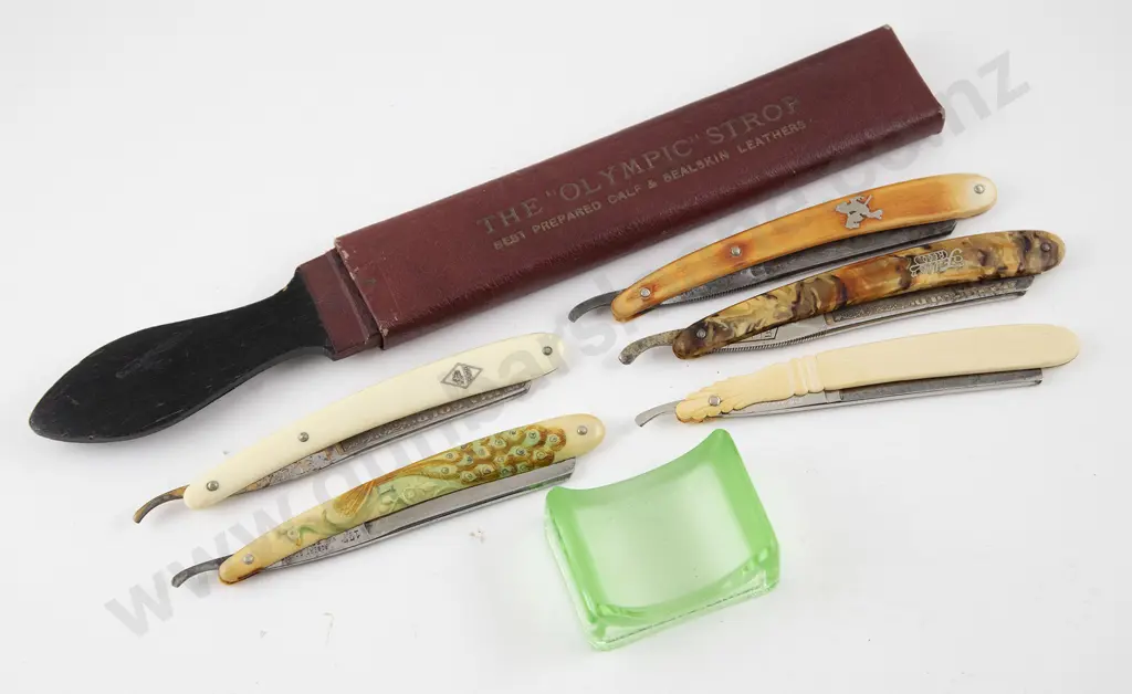 Five Antique Cut throat Razors with Leather and Glass Strops Image 1++