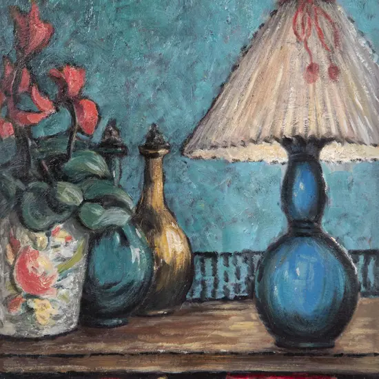 Olive Laurenson - Still Life with Cyclamen & Blue Lamp