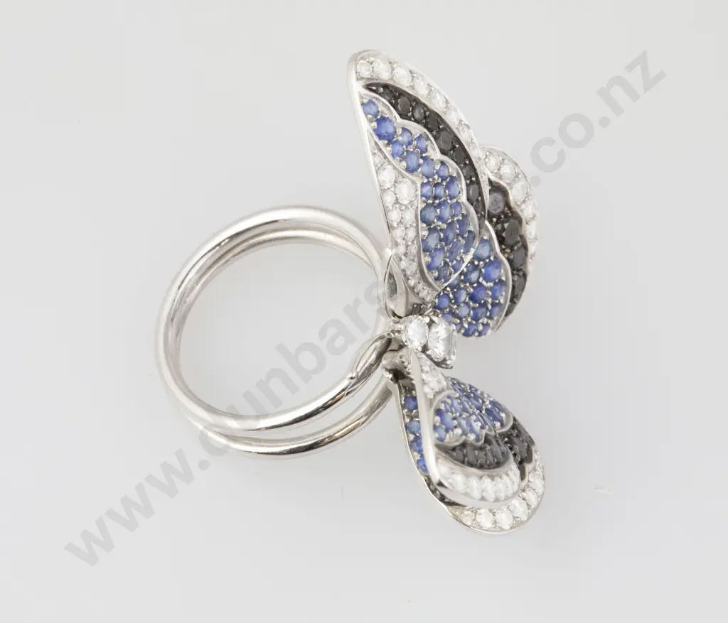 Stradella & Co (Italy) 18ct White Gold 202stone Diamond and Sapphire Articulated Butterfly Ring Image 1++