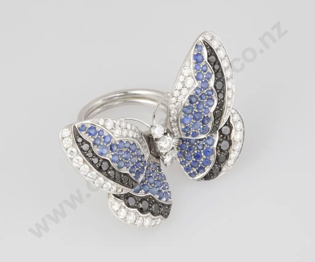 Stradella & Co (Italy) 18ct White Gold 202stone Diamond and Sapphire Articulated Butterfly Ring Image 1++