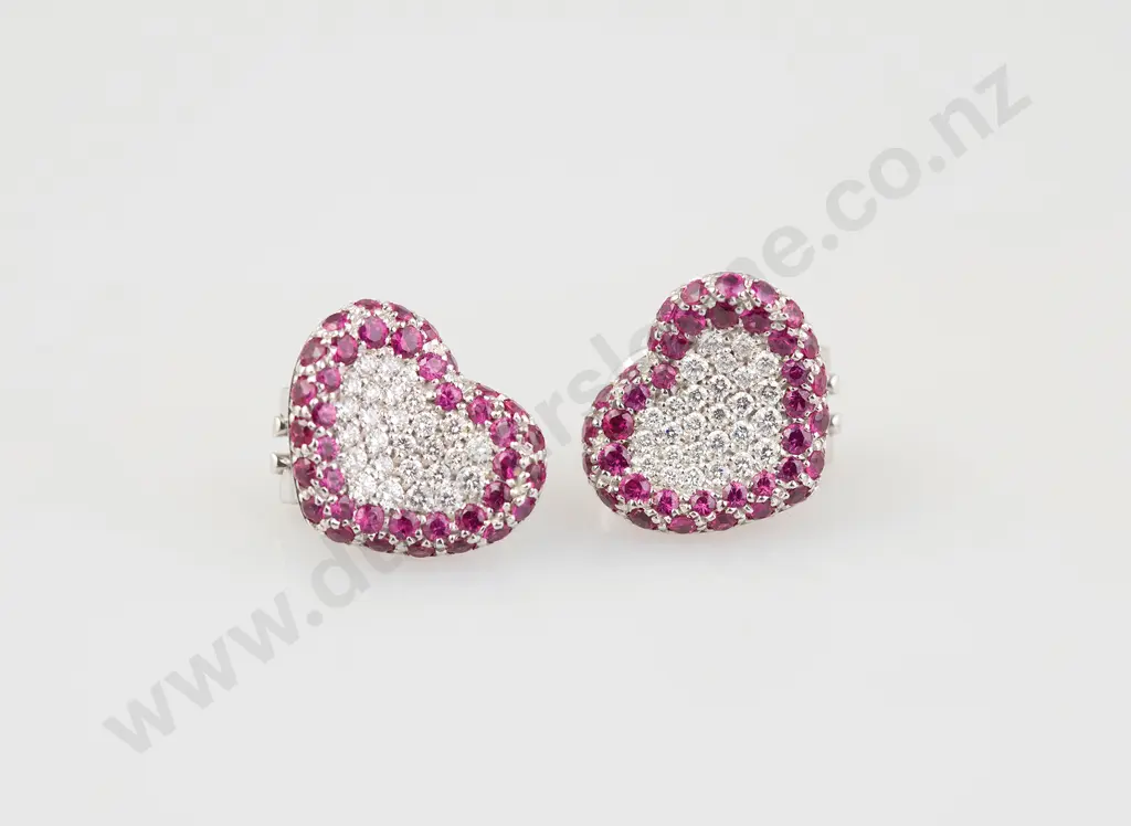 Pair Pasquale Bruni (Italy) 18ct White Gold Diamond and Pink Sapphire Heart Earrings Image 1++