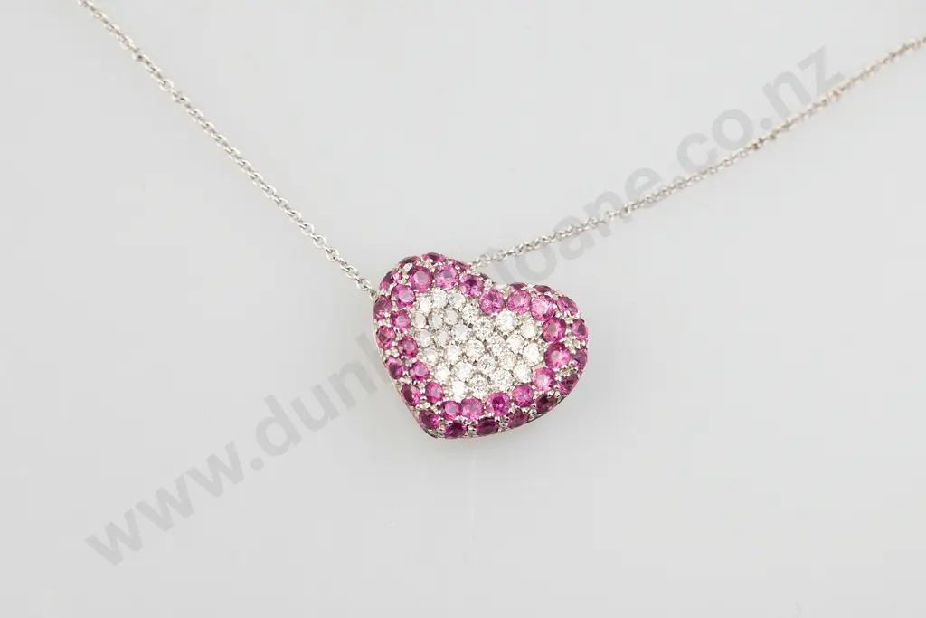 Pasquale Bruni (Italy) 18ct White Gold Diamond and Pink Sapphire Heart Pendant Image 1++