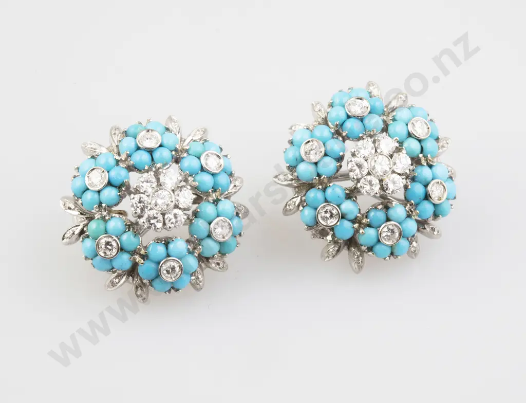 Pair 18ct White Gold Turquoise and Diamond Cluster Earrings Image 1++