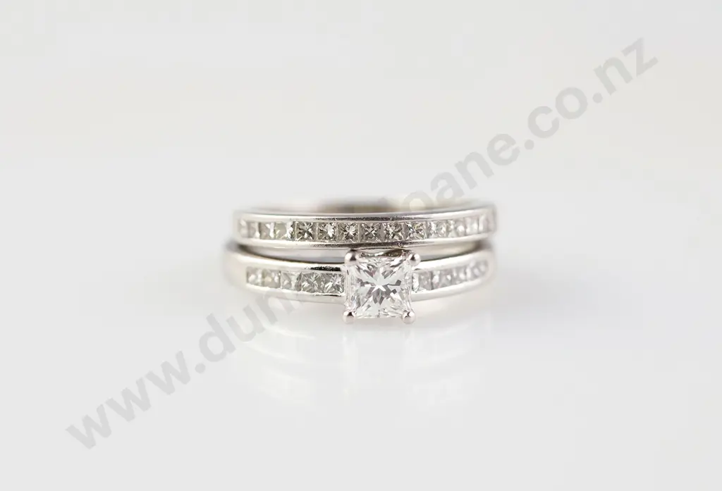 All Platinum Solitaire Diamond Ring and Band Image 1++