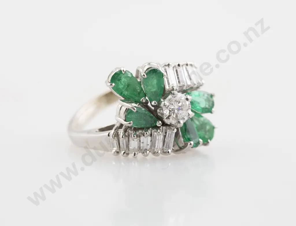14ct White Gold 19stone Emerald and Diamond Dress Ring Image 1++