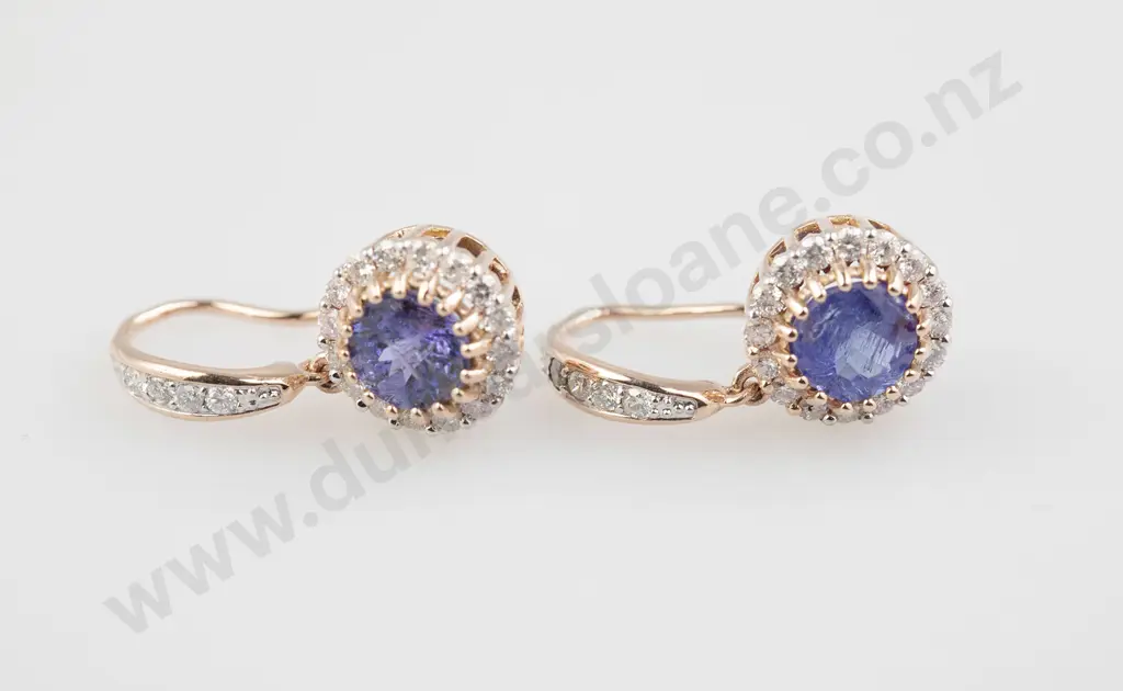 Pair 14ct Rose Gold Tanzanite and Diamond Pendant Cluster Earrings Image 1++