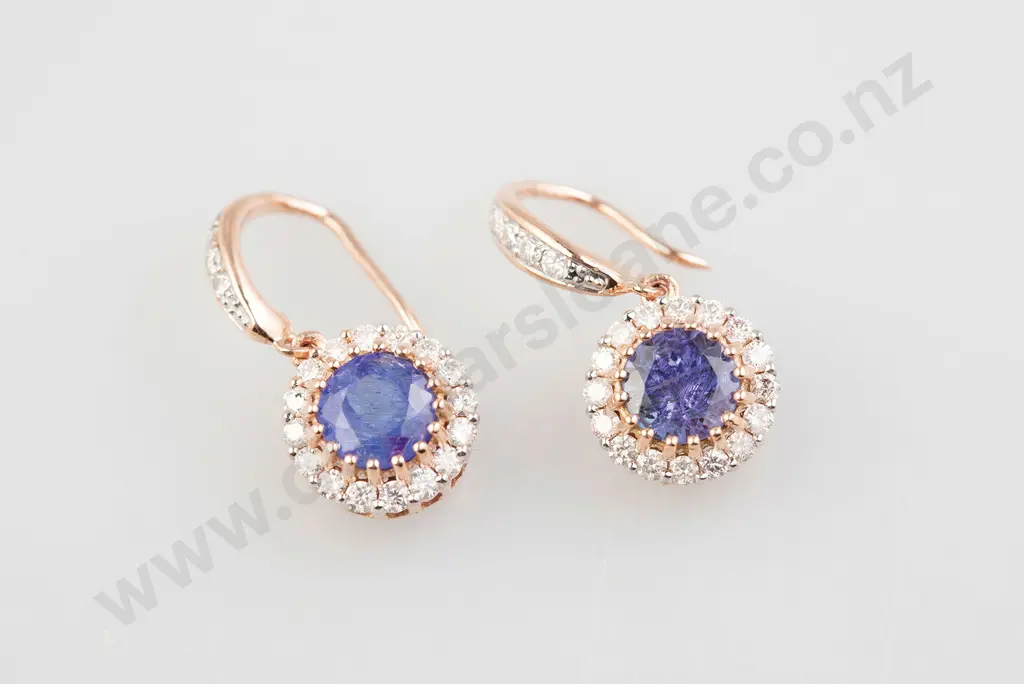Pair 14ct Rose Gold Tanzanite and Diamond Pendant Cluster Earrings Image 1++