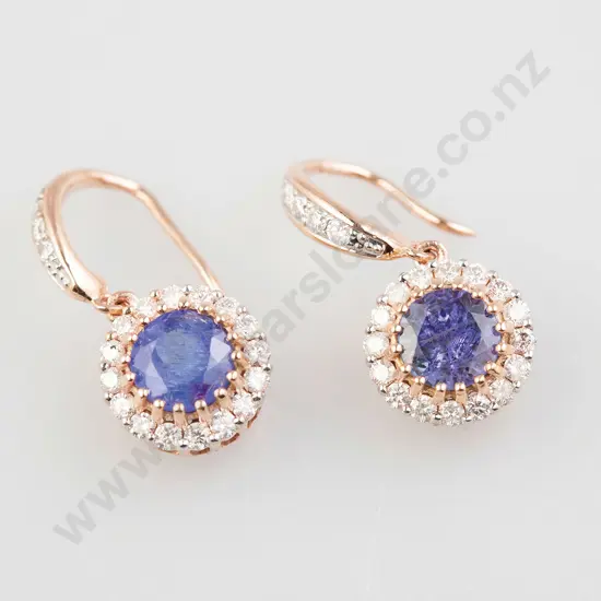 Pair 14ct Rose Gold Tanzanite and Diamond Pendant Cluster Earrings