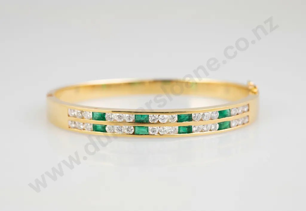 18ct 38stone Emerald and Diamond Hinged Snap Bangle Image 1++