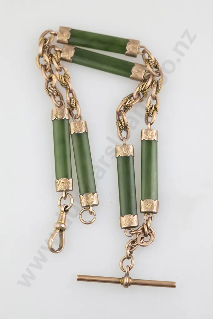 9ct NZ Greenstone Panel Albert Chain Image 1++