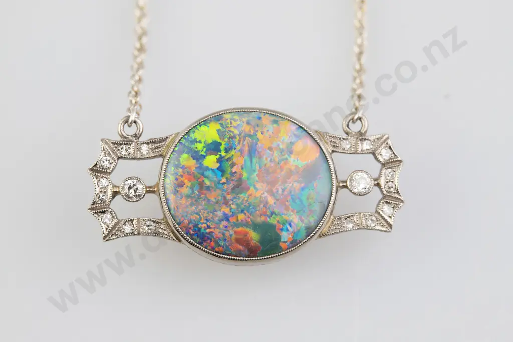 Art Deco 18ct White Gold Opal and Diamond Necklet Image 1++