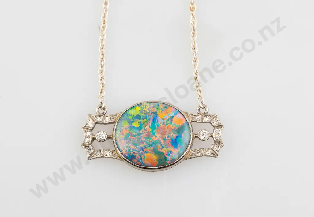 Art Deco 18ct White Gold Opal and Diamond Necklet Image 1++