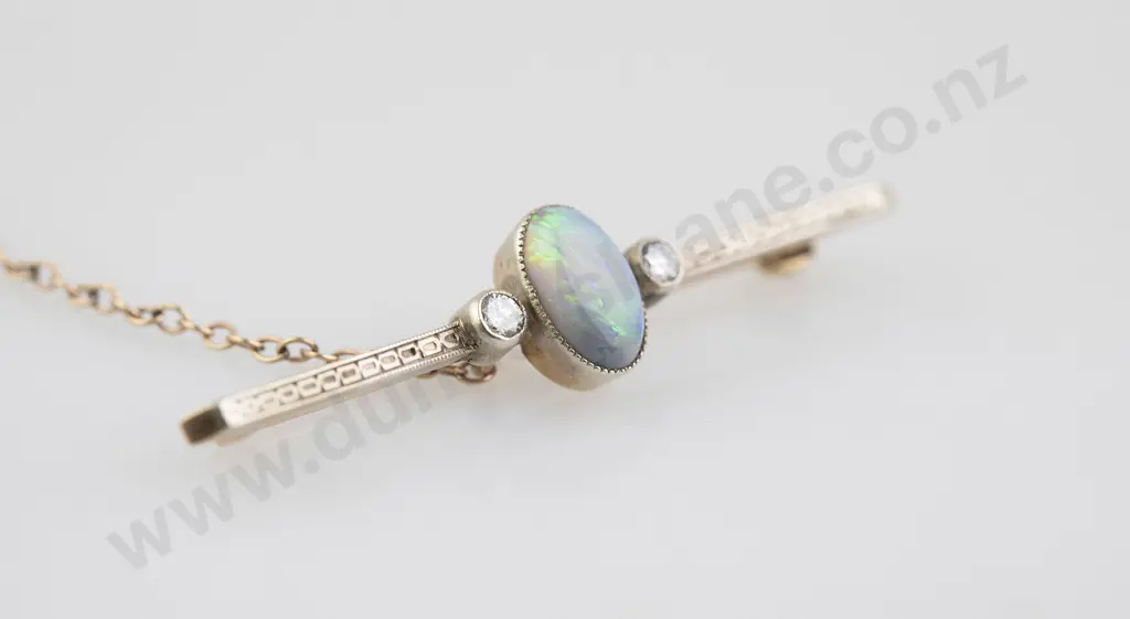 Art Deco 15ct Three Stone Opal and Diamond Bar Brooch Image 1++