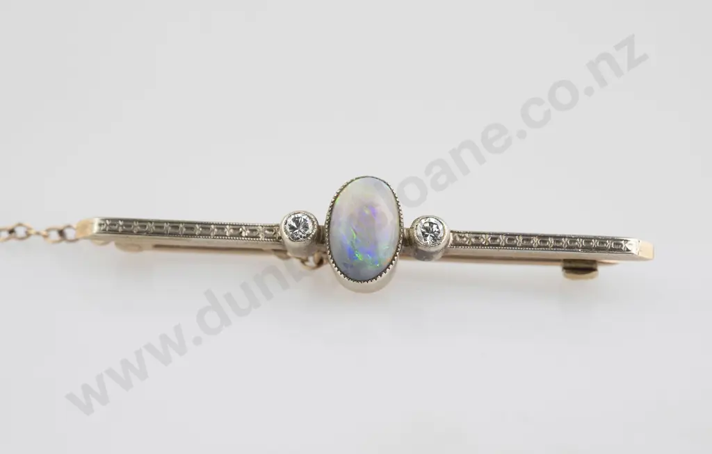 Art Deco 15ct Three Stone Opal and Diamond Bar Brooch Image 1++