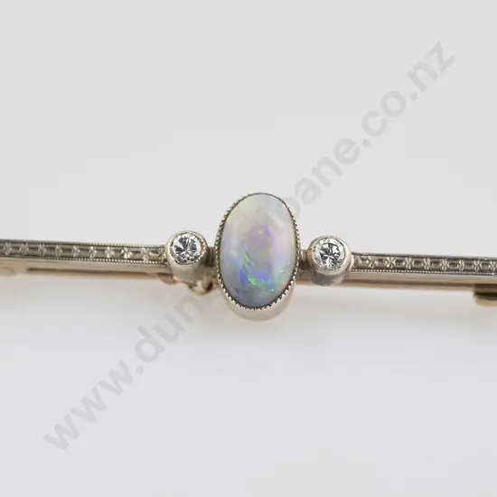Art Deco 15ct Three Stone Opal and Diamond Bar Brooch